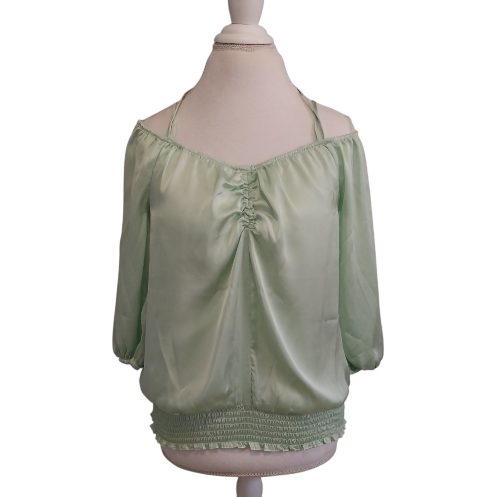 Cato Size Medium Light Green Satin Cold Shoulder Blouse 3/4 Sleeve Fairycore top